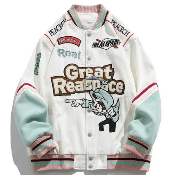 画像1: retro cartoon letters embroidered jumperBASEBALL JACKET baseball uniform jacket blouson ユニセックス 男女兼用レトロアニメ＆レター刺繍スタジアムジャンパー スタジャン MA-1 ボンバー ジャケット ブルゾン (1)