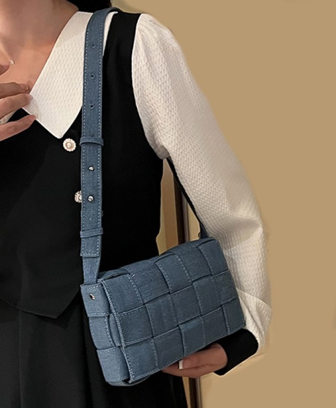 画像8: denim woven tofu plaid cross-body simple  bag square bag TOTE SHOULDER BAG　デニムメッシュ編み込みクロスボディショルダーバッグ (8)