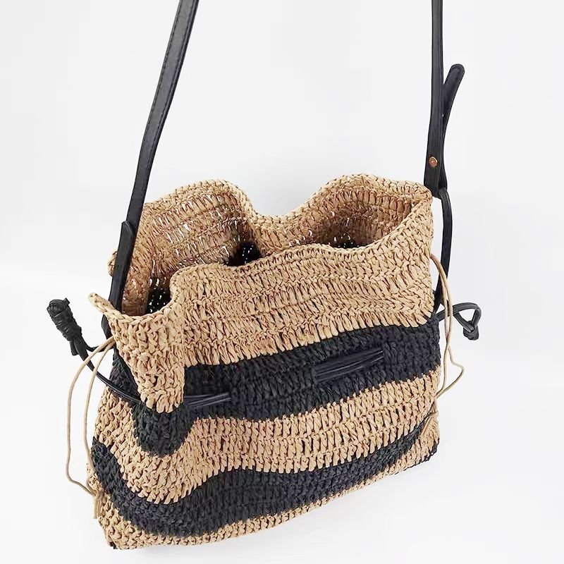 画像6: Striped drawstring sasa basket shoulder tote bag Straw woven bag  SASAボーダー籠かごショルダートートバッグ (6)