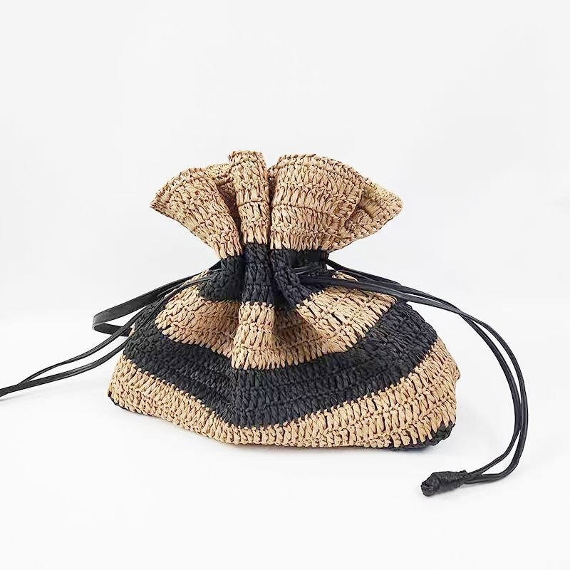 画像9: Striped drawstring sasa basket shoulder tote bag Straw woven bag  SASAボーダー籠かごショルダートートバッグ (9)