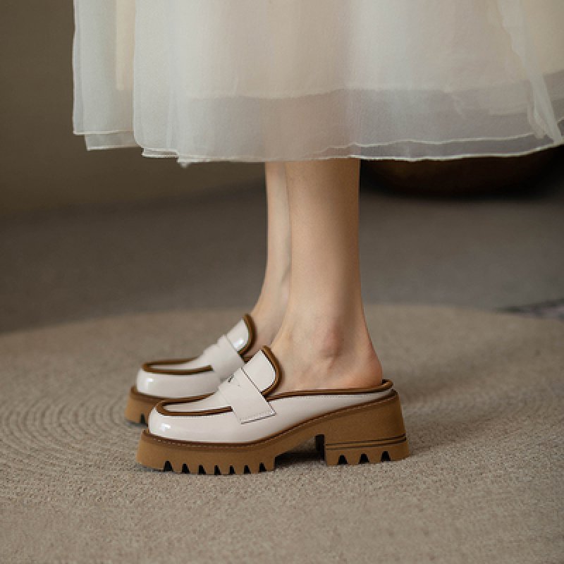 画像8: square head patent leather British style Baotou semi-slippers shoes pumps パオトゥパテントレザープラットフォーム厚底ブリティッシュハーフサンダルローファーパンプス スリッポン (8)