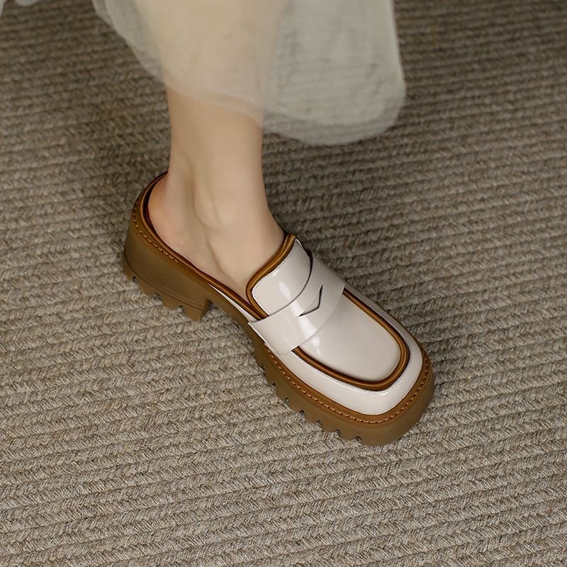 画像6: square head patent leather British style Baotou semi-slippers shoes pumps パオトゥパテントレザープラットフォーム厚底ブリティッシュハーフサンダルローファーパンプス スリッポン (6)