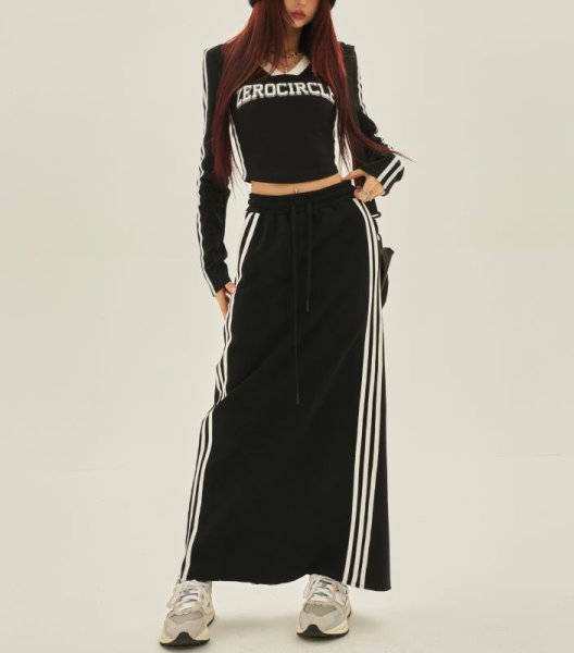 画像4: 3 lines long black skirt 　3本ライン ロング丈 マキシ丈スウェットブラックスカート (4)