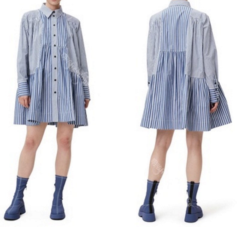 画像3: French elegance  blue and white striped cotton button loose short shirt dress　 ストライプギャザーミニワンピース ドレス  (3)