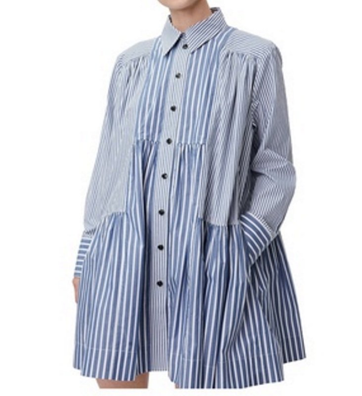 画像2: French elegance  blue and white striped cotton button loose short shirt dress　 ストライプギャザーミニワンピース ドレス  (2)