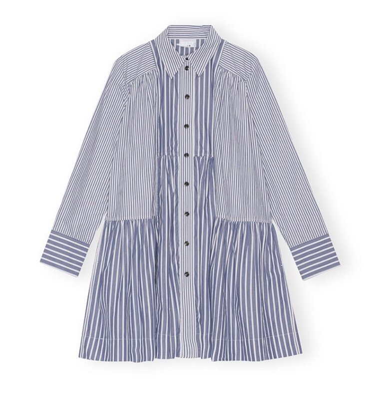画像5: French elegance  blue and white striped cotton button loose short shirt dress　 ストライプギャザーミニワンピース ドレス  (5)