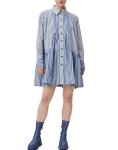 画像1: French elegance  blue and white striped cotton button loose short shirt dress　 ストライプギャザーミニワンピース ドレス  (1)