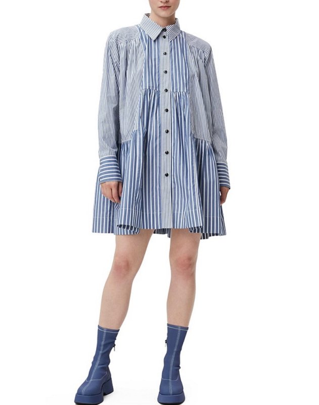 画像1: French elegance  blue and white striped cotton button loose short shirt dress　 ストライプギャザーミニワンピース ドレス  (1)