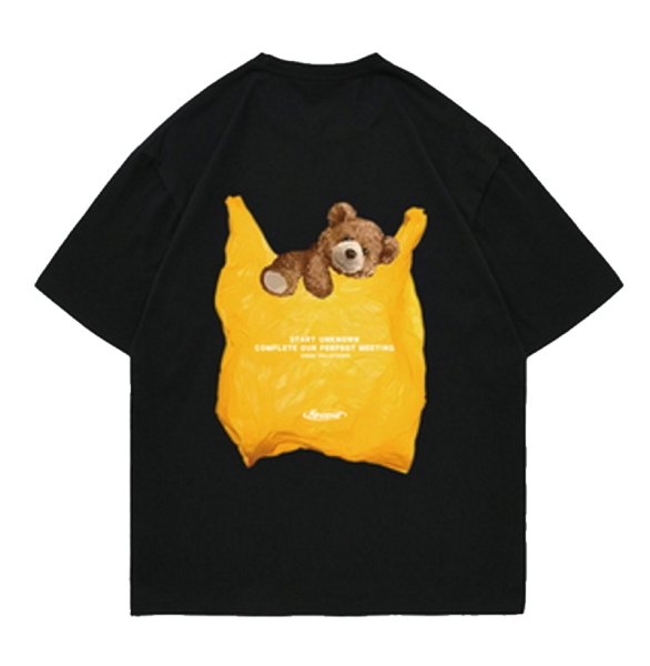 画像1: Unisex hip hop cash register bag bear print round neck Half sleeveT-shirt　 ユニセックス男女兼用レジバッグベア熊プリント半袖 Tシャツ (1)