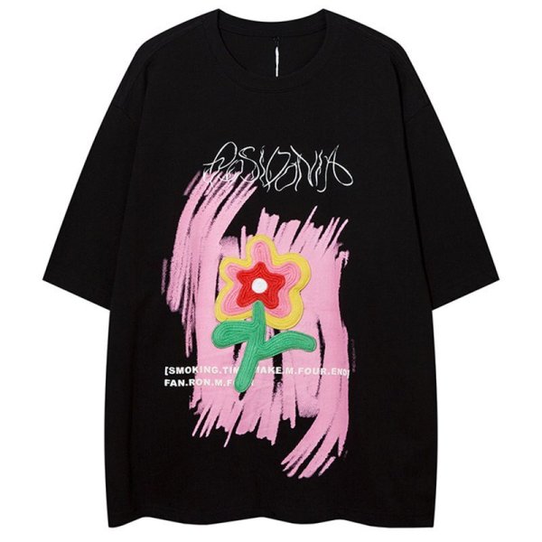 画像1: flower embroidery Short Sleeve T-shirt 　ユニセックス 男女兼用フローラル刺繍半袖Tシャツ (1)