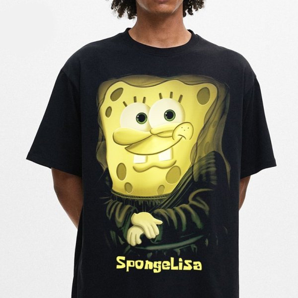 画像1: spongebob x mona lisa sponge lisaTshirts 　ユニセックス男女兼用 オーバーサイズスポンジボブ×モナリザスポンジリサ 半袖 Tシャツ (1)