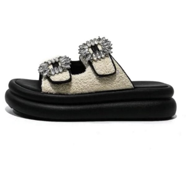 画像1: Square Buckle Rhinestone platform sandals slippers 　スクエア バックル ラインストーン厚底プラットフォームサンダルスリッパ (1)