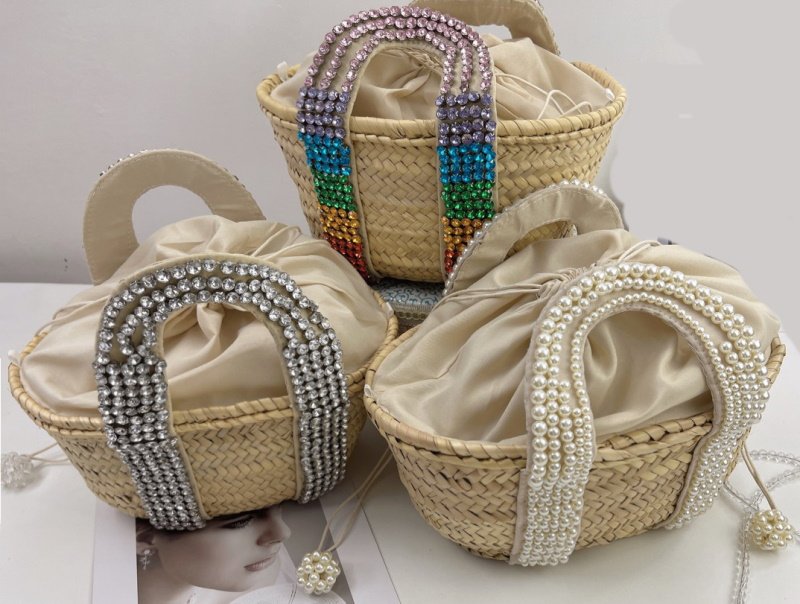 画像13: Crystal Diamond & Pearl & Color Stone Small Basket Tote Shoulder Bag straw woven bag クリスタルダイヤモンド&パール&カラーストーンスモールかごトートショルダーバッグ籠かごバッグバスケットバッグ (13)