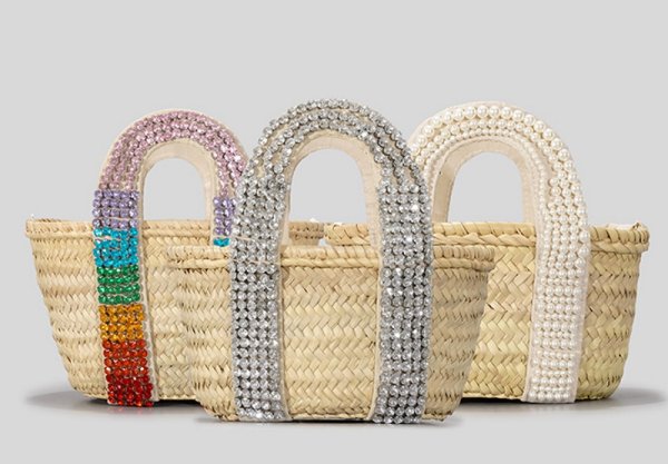 画像1: Crystal Diamond & Pearl & Color Stone Small Basket Tote Shoulder Bag straw woven bag　クリスタルダイヤモンド＆パール＆カラーストーンスモールかごトートショルダーバッグ籠かごバッグバスケットバッグ (1)