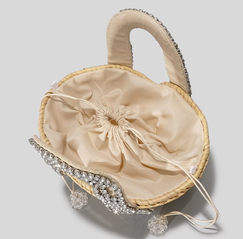 画像8: Crystal Diamond & Pearl & Color Stone Small Basket Tote Shoulder Bag straw woven bag クリスタルダイヤモンド&パール&カラーストーンスモールかごトートショルダーバッグ籠かごバッグバスケットバッグ (8)
