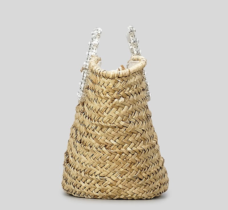 画像3: crystal diamond handle tote basket bag straw woven bag クリスタルダイヤモンドハンドルトート籠かごバッグバスケットバッグ (3)