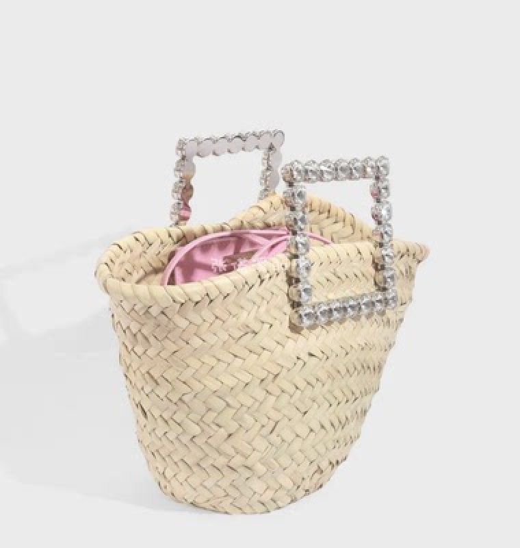 画像4: crystal diamond handle tote basket bag straw woven bag クリスタルダイヤモンドハンドルトート籠かごバッグバスケットバッグ (4)