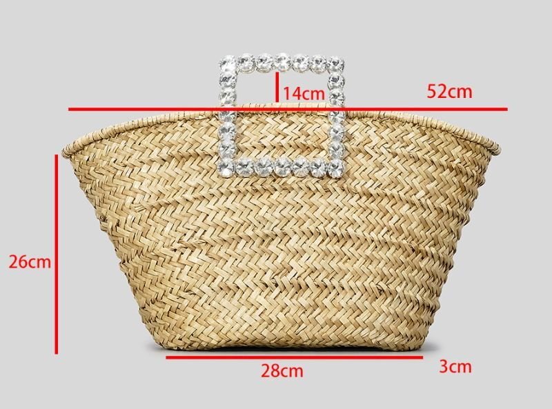 画像9: crystal diamond handle tote basket bag straw woven bag クリスタルダイヤモンドハンドルトート籠かごバッグバスケットバッグ (9)