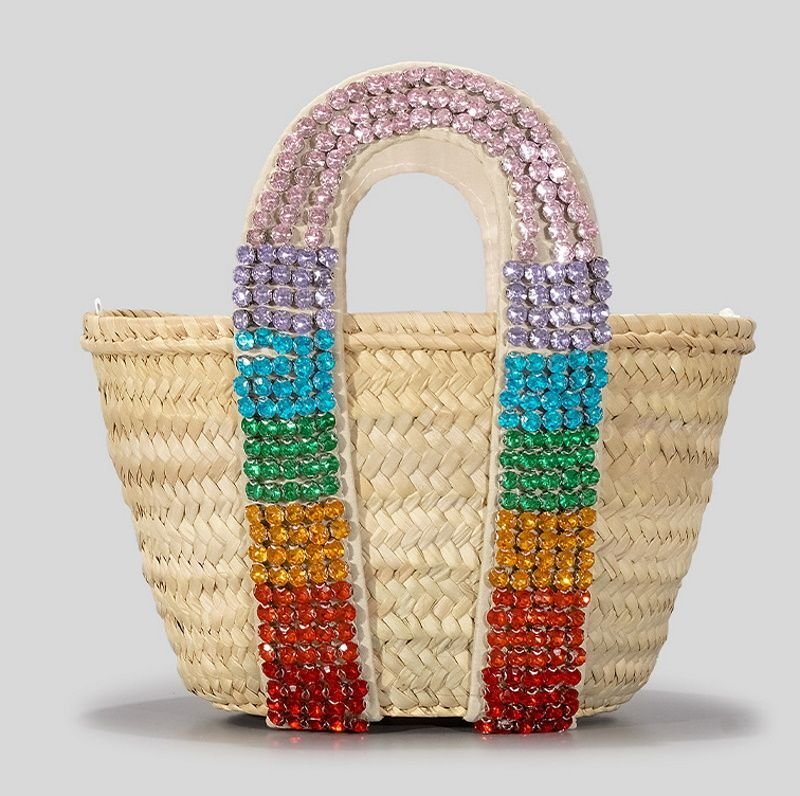 画像3: Crystal Diamond & Pearl & Color Stone Small Basket Tote Shoulder Bag straw woven bag クリスタルダイヤモンド&パール&カラーストーンスモールかごトートショルダーバッグ籠かごバッグバスケットバッグ (3)