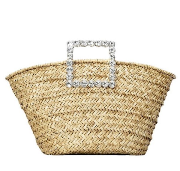 画像1: crystal diamond handle tote basket bag straw woven bag　クリスタルダイヤモンドハンドルトート籠かごバッグバスケットバッグ (1)