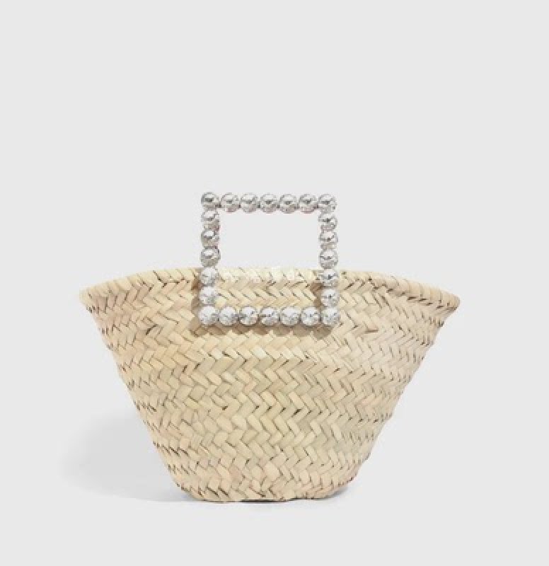 画像5: crystal diamond handle tote basket bag straw woven bag クリスタルダイヤモンドハンドルトート籠かごバッグバスケットバッグ (5)