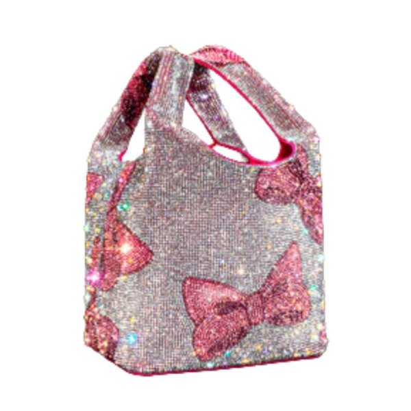 画像1: Women's Bow Ribbon Rhinestone Tote Bag リボン りぼん ラインストーントートバッグ 巾着 ハンドバッグ (1)