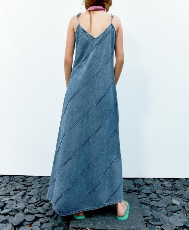 画像3: French sexy V-neck midi denim dress  V ネック マキシミディ デニム ドレス ワンピース  (3)