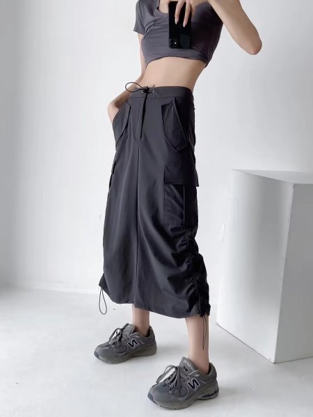 画像6: side drawstring pleated workwear skirt 　サイド絞り巾着立体バッグスカート (6)