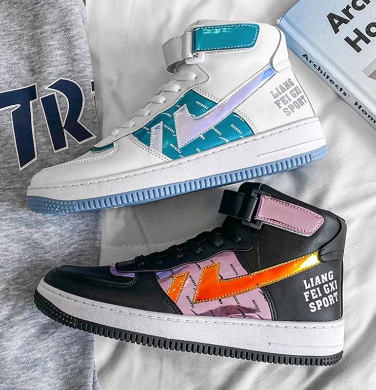 画像4:  Unisex leather high cut  High Top metallic Lace-up Sneakers  ユニセックス メンズ男女メタリックマーク付きハイカットレザーレースアップスニーカーシューズ (4)