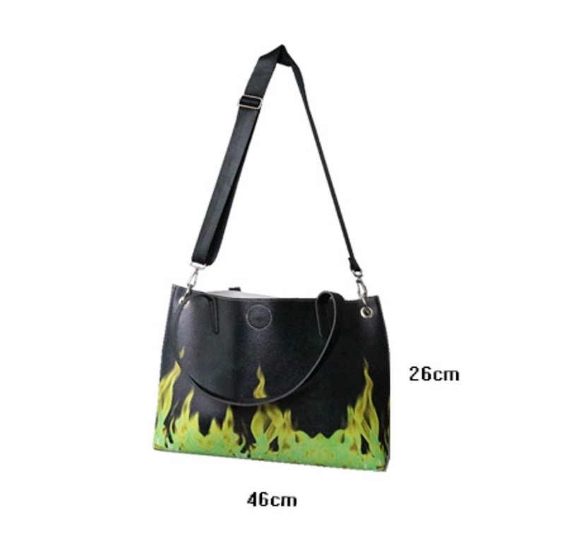 画像4: Original Custom Design Green Flame Large Capacity Messenger Bag Tote Shoulder Bag　男女兼用オリジナルカスタムデザイン グリーンフレームレザートートショルダーバッグ (4)