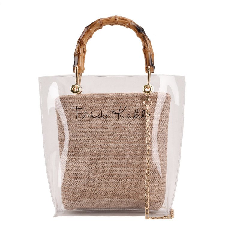 Basket Tote Shoulder Bag with Bamboo Handle Transparent