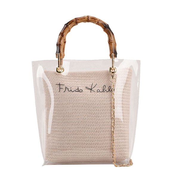 画像1: Basket Tote Shoulder Bag with Bamboo Handle Transparent Cover straw woven bag　バンブーハンドル透明カバー付きかごトートショルダーバッグ籠カゴバスケットバッグ (1)
