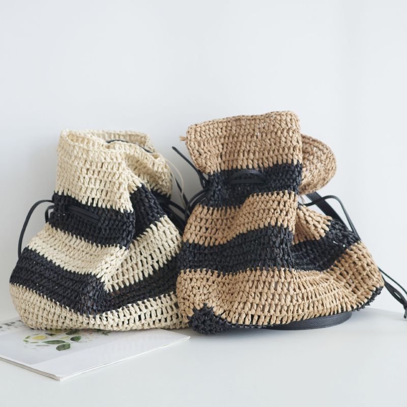 画像3: Striped Drawstring Tote Shoulder Basket Bag 2WAY bag  ボーダー巾着トートショルダー籠かご2WAYバッグ (3)