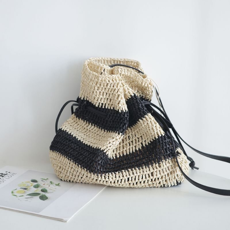 画像2: Striped Drawstring Tote Shoulder Basket Bag 2WAY bag  ボーダー巾着トートショルダー籠かご2WAYバッグ (2)