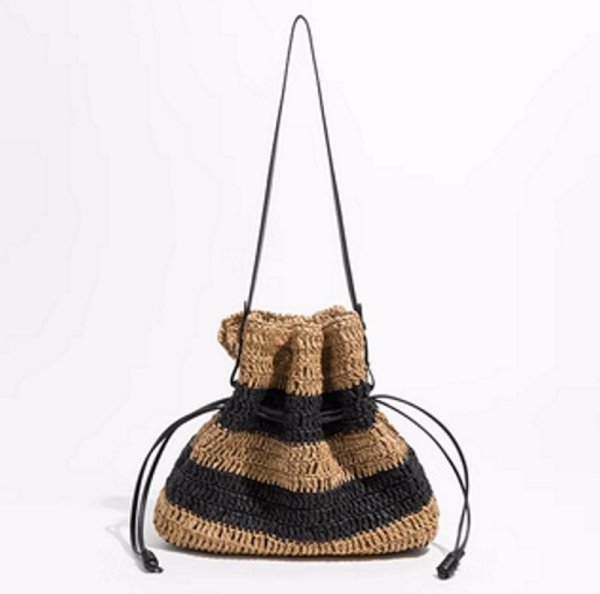 画像1: Striped Drawstring Tote Shoulder Basket Bag 2WAY bag 　ボーダー巾着トートショルダー籠かご２WAYバッグ (1)