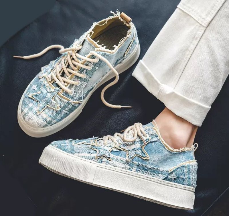 画像5:  Unisex denim tweed & starsLace-up Sneakers  ユニセックス メンズデニムツイード&星スターレースアップスニーカーシューズ (5)