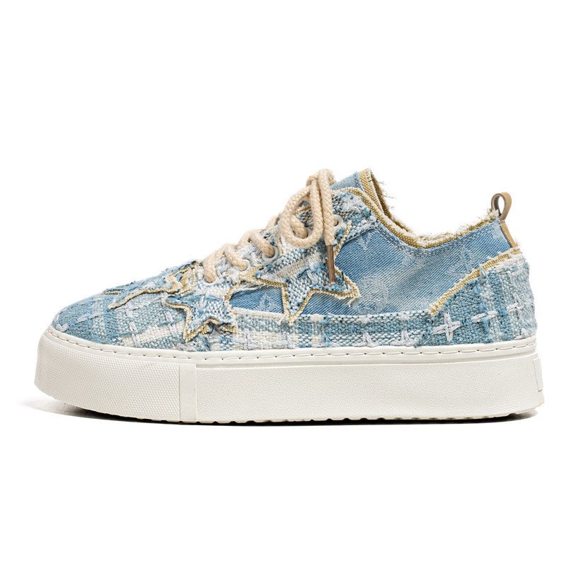 画像6:  Unisex denim tweed & starsLace-up Sneakers  ユニセックス メンズデニムツイード&星スターレースアップスニーカーシューズ (6)