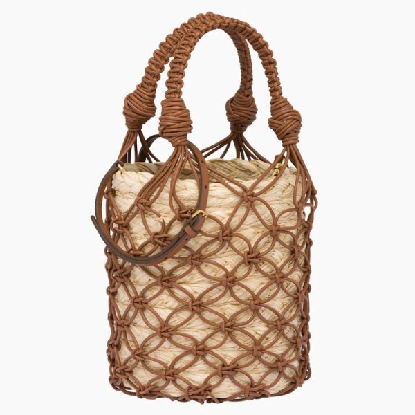 画像1: Mesh Straw Bucket Bag Tote Shoulder  2WAY bag 　メッシュ ストロー バケット バッグトートショルダー籠かご２WAYバッグ (1)