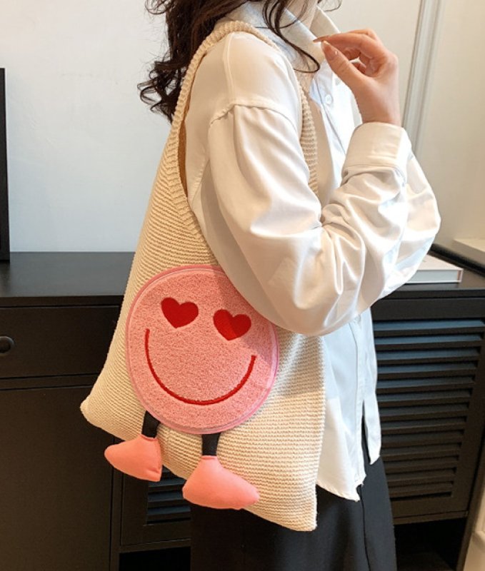 画像6: Smile Emblem Tote Shoulder Knitted Bag 2WAY bag  スマイルエンブレムトートショルダー編みニットバッグ 籠かごショッピングエコバッグ (6)