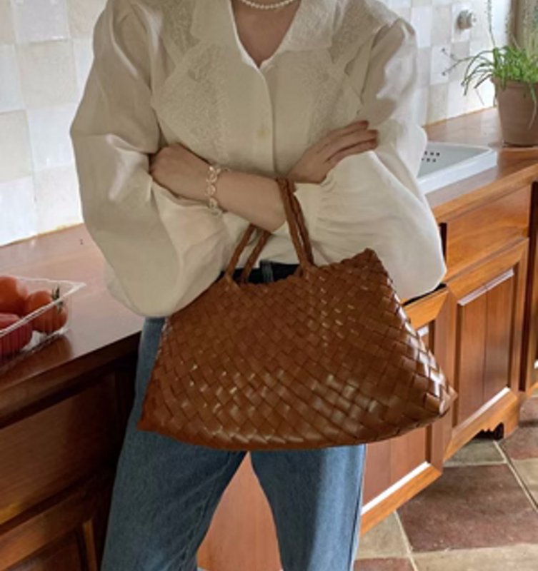 画像5: Leather Braided Mesh Tote Shoulder Bag Bagbasket picnic shopping bag レザー編み込みメッシュトートショルダーバッグピクニックショッピングバッグ 籠かごバッグ (5)
