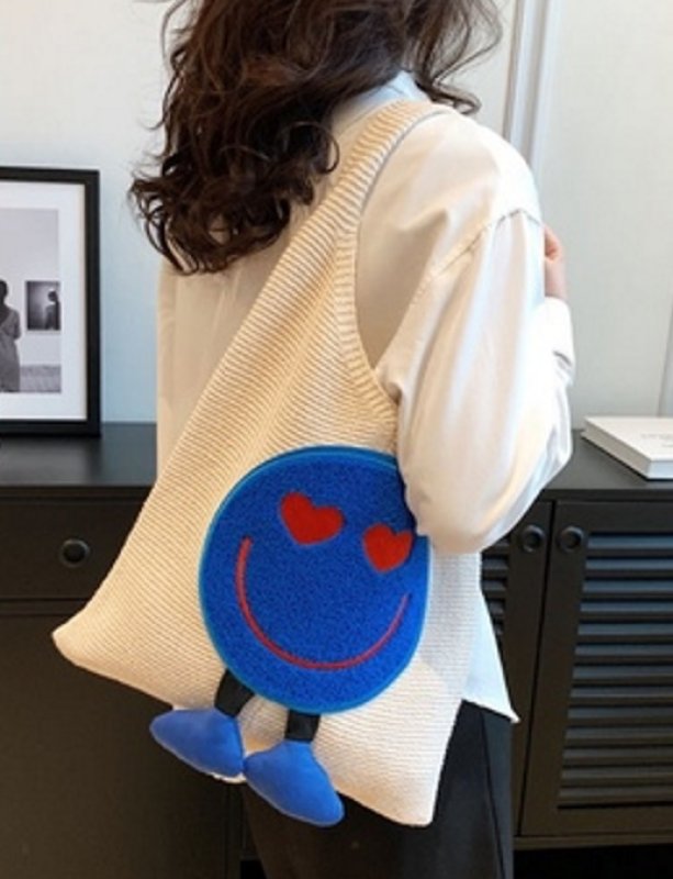 画像7: Smile Emblem Tote Shoulder Knitted Bag 2WAY bag  スマイルエンブレムトートショルダー編みニットバッグ 籠かごショッピングエコバッグ (7)