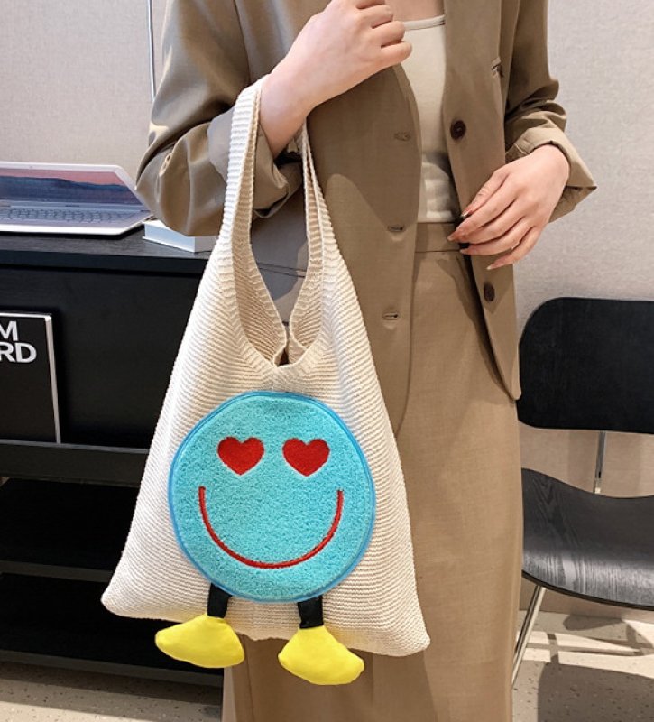 画像8: Smile Emblem Tote Shoulder Knitted Bag 2WAY bag  スマイルエンブレムトートショルダー編みニットバッグ 籠かごショッピングエコバッグ (8)