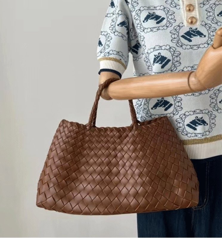画像4: Leather Braided Mesh Tote Shoulder Bag Bagbasket picnic shopping bag レザー編み込みメッシュトートショルダーバッグピクニックショッピングバッグ 籠かごバッグ (4)