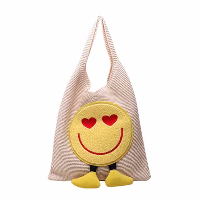 画像3: Smile Emblem Tote Shoulder Knitted Bag 2WAY bag  スマイルエンブレムトートショルダー編みニットバッグ 籠かごショッピングエコバッグ (3)