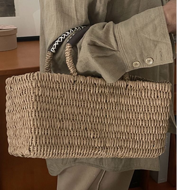 画像4:  paper rope horizontal basket picnic shopping bag  paper rope横長バスケットピクニックショッピングバッグ トート籠かごバッグ (4)