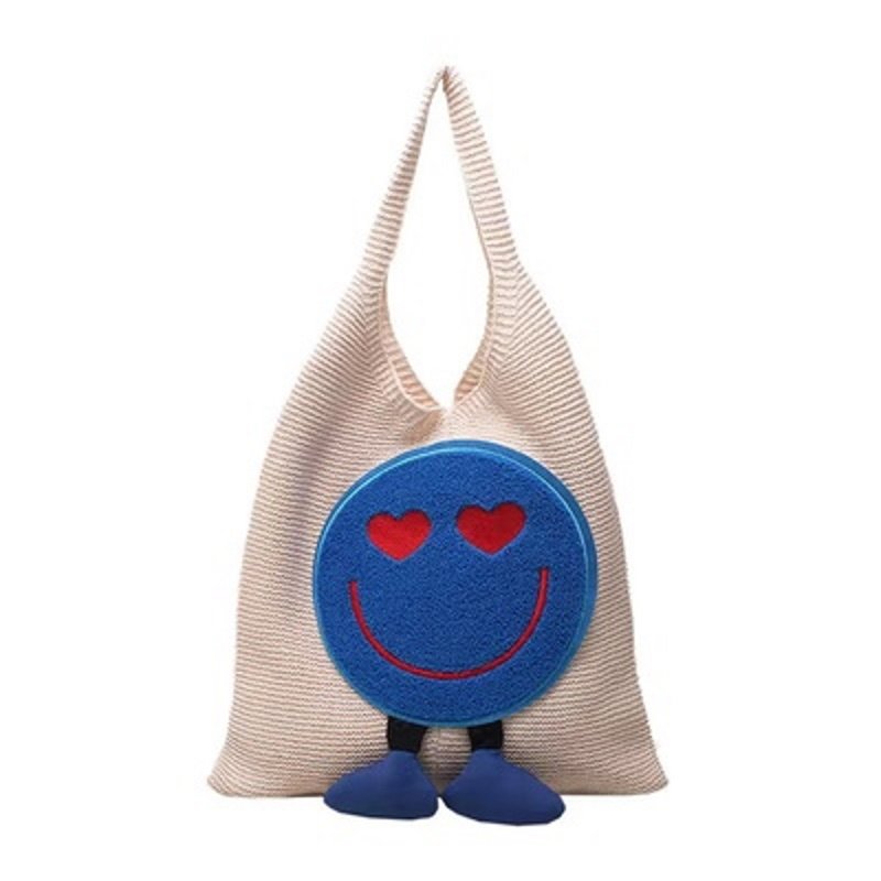 画像2: Smile Emblem Tote Shoulder Knitted Bag 2WAY bag  スマイルエンブレムトートショルダー編みニットバッグ 籠かごショッピングエコバッグ (2)