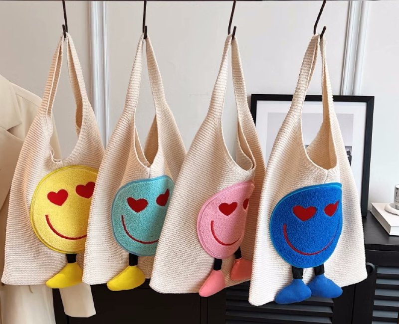 画像5: Smile Emblem Tote Shoulder Knitted Bag 2WAY bag  スマイルエンブレムトートショルダー編みニットバッグ 籠かごショッピングエコバッグ (5)