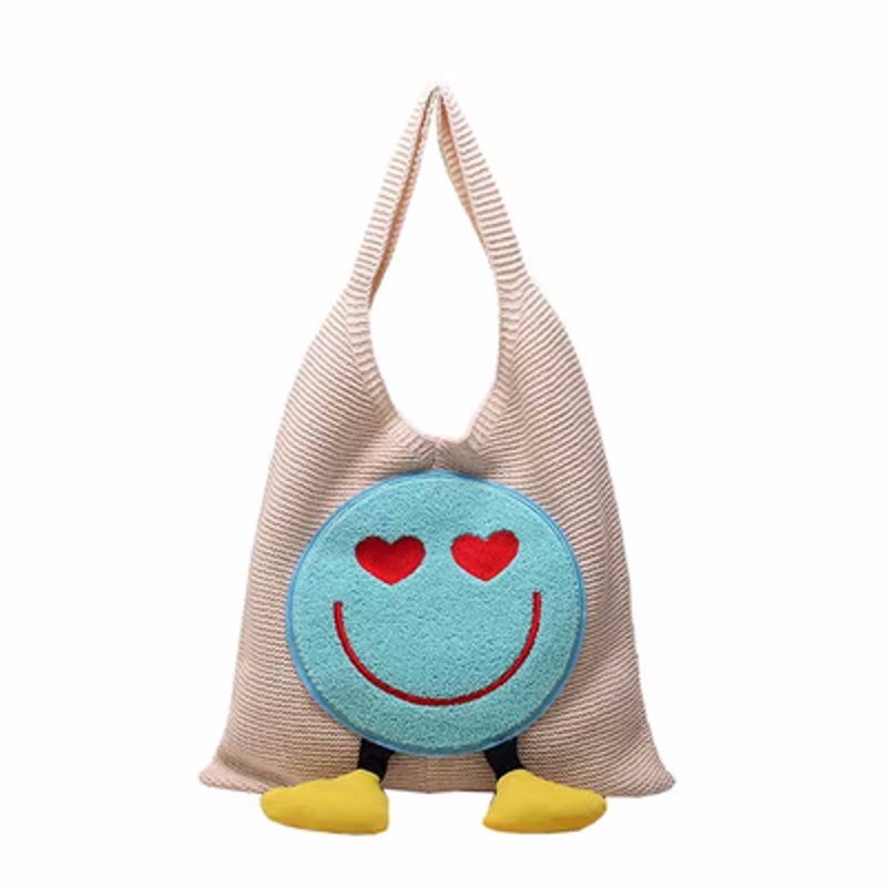 画像4: Smile Emblem Tote Shoulder Knitted Bag 2WAY bag  スマイルエンブレムトートショルダー編みニットバッグ 籠かごショッピングエコバッグ (4)