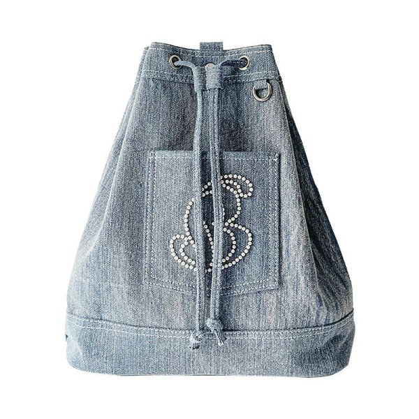 画像1: Denim Rhinestone Backpack Rucksack Tote Shoulder Bag shopping bag　パール付きバックパックトートショルダーバッグピクニックショッピングエコバッグ  (1)