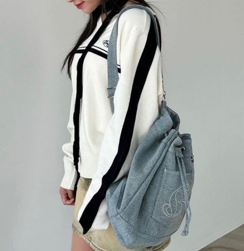 画像7: Denim Rhinestone Backpack Rucksack Tote Shoulder Bag shopping bag パール付きバックパックトートショルダーバッグピクニックショッピングエコバッグ  (7)